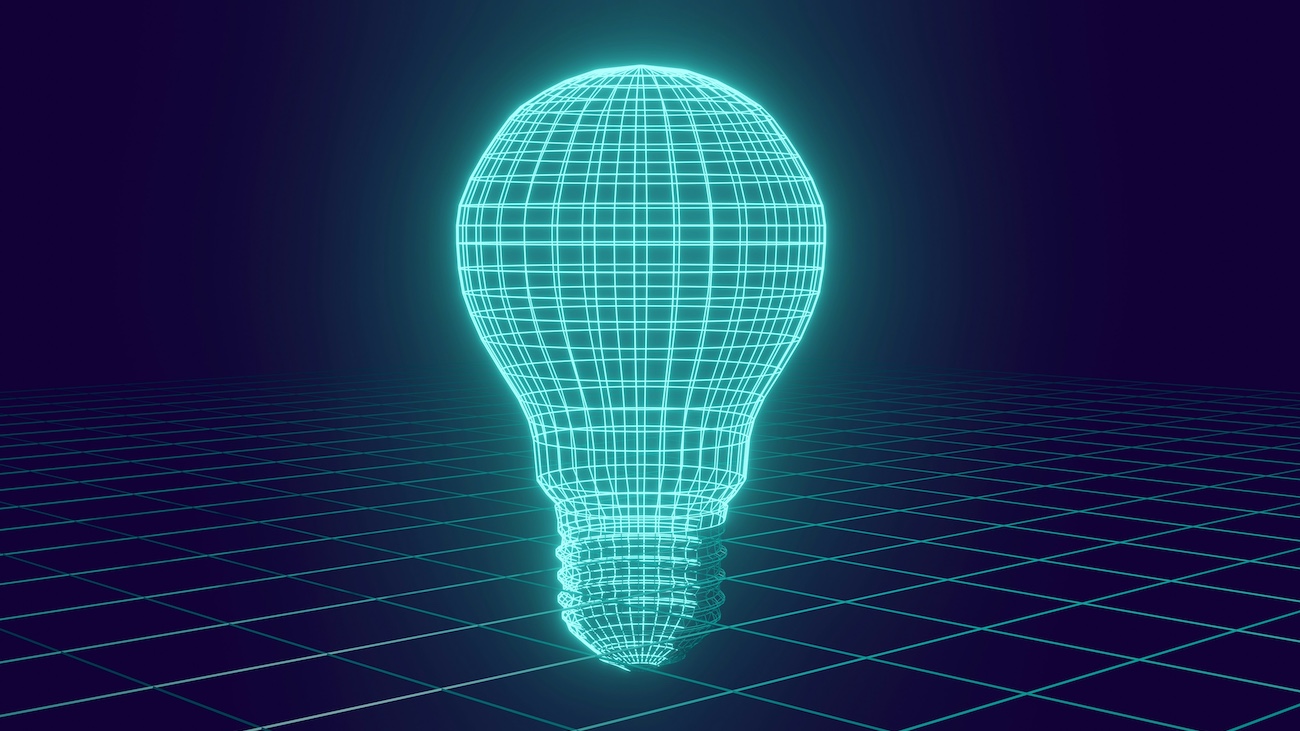 Illustrasjonsbilde av en lyspære i stil med en digital tegning på mørk bakgrunn.